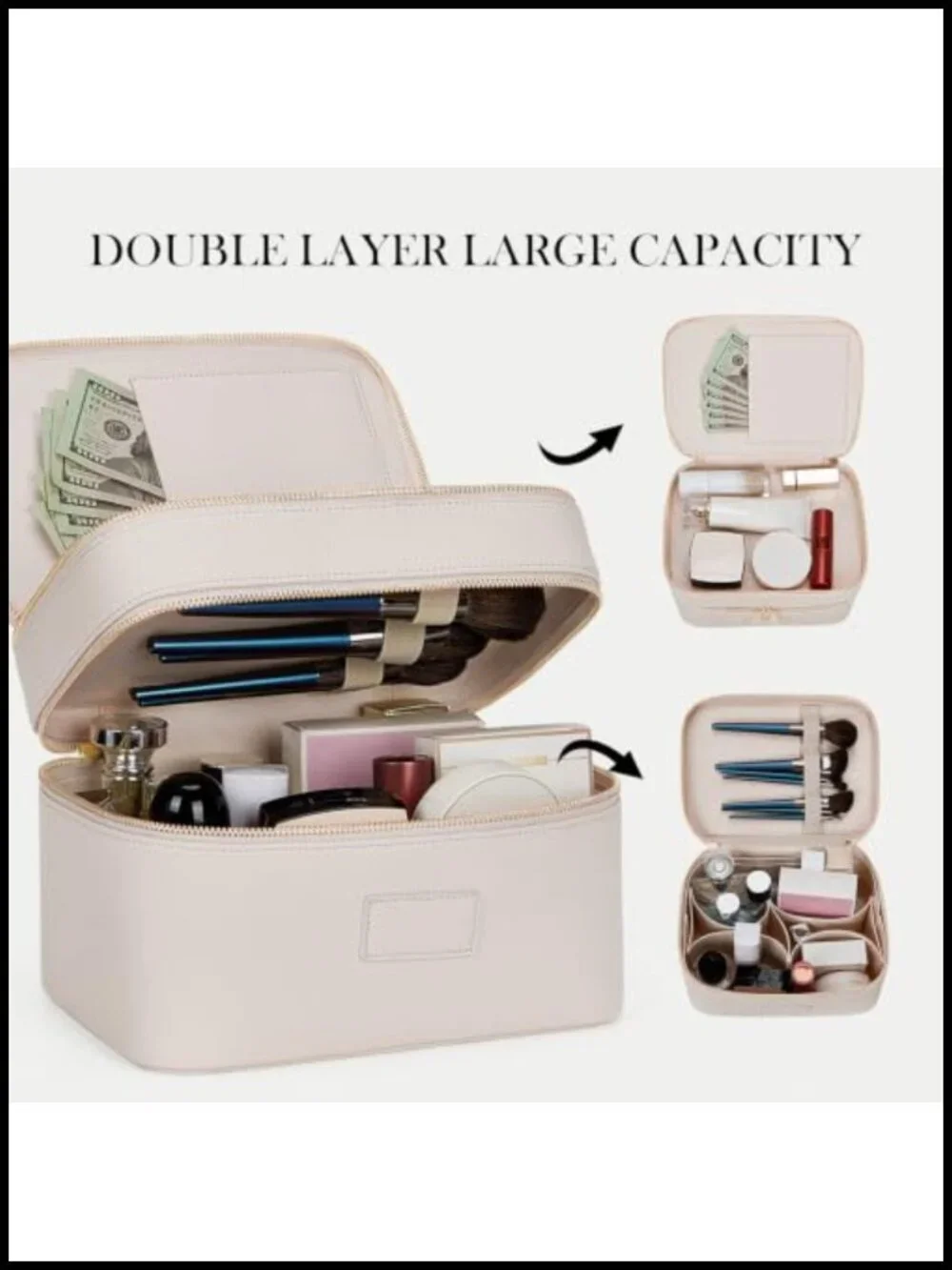 Leather Double Layer Travel Makeup Bag Waterproof Cosmetic Case Vanity Case